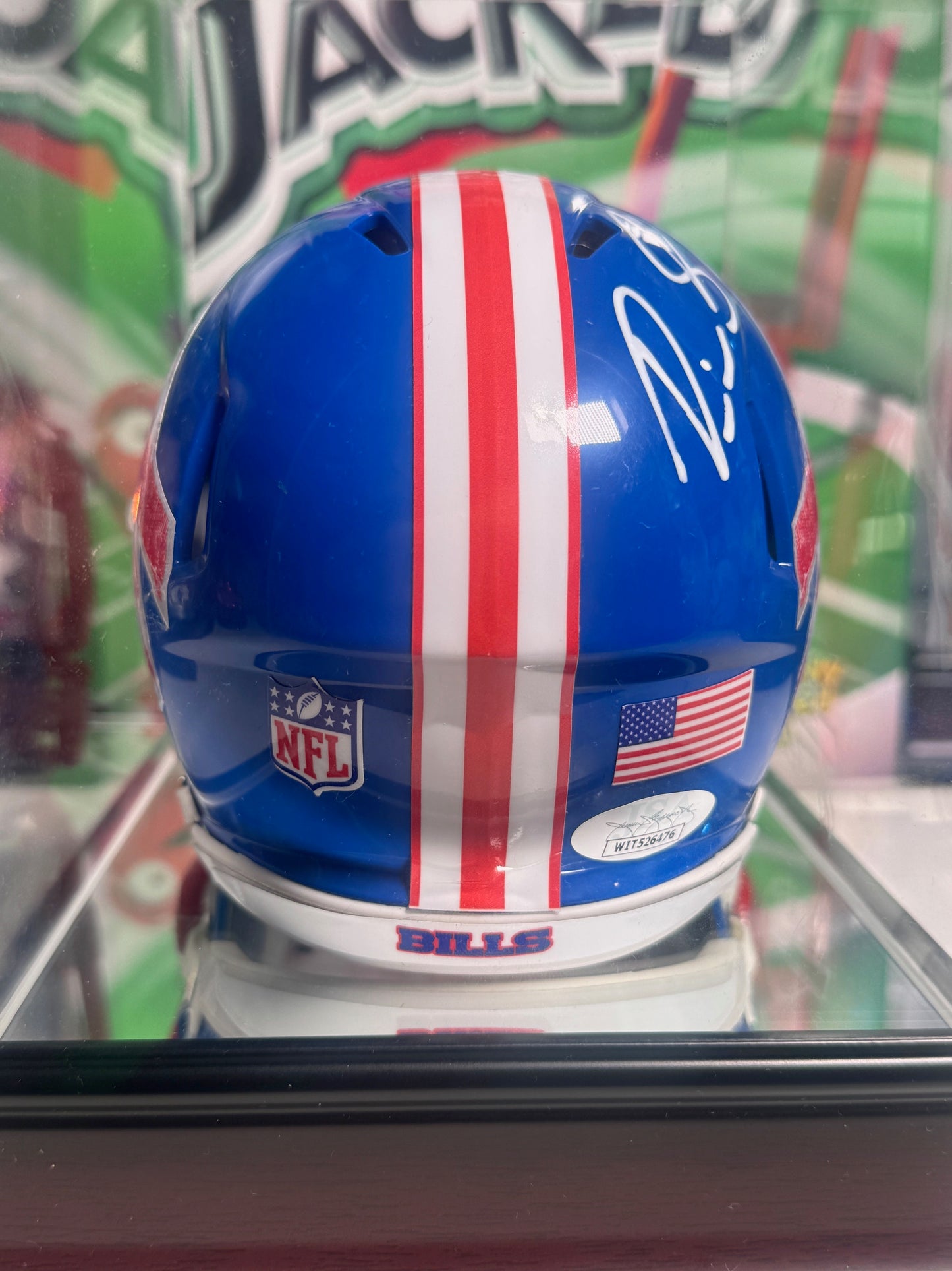 Devin Singletary signed Buffalo Bills USA-themed mini helmet with JSA COA in Fanatics Bills case