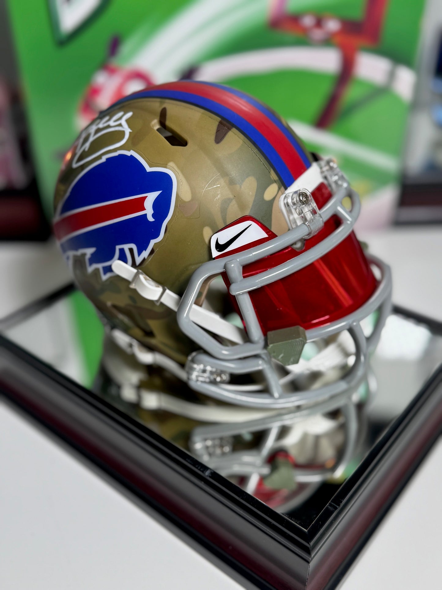 Jim Kelly signed Salute to Service camo mini helmet with Beckett COA in Fanatics display case