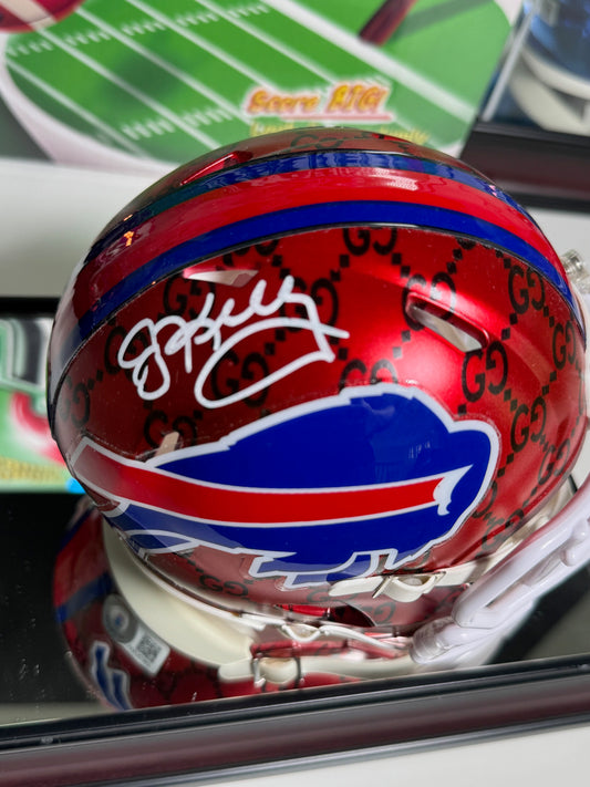 Back view highlighting red and blue stripe and custom bumpers on Gucci mini helmet