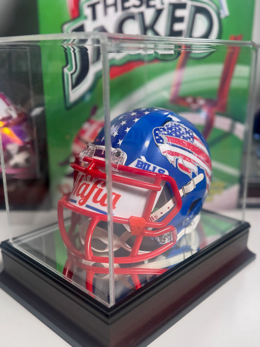 Close-up of Devin Singletary autograph on USA stars and stripes Bills Mafia mini helmet