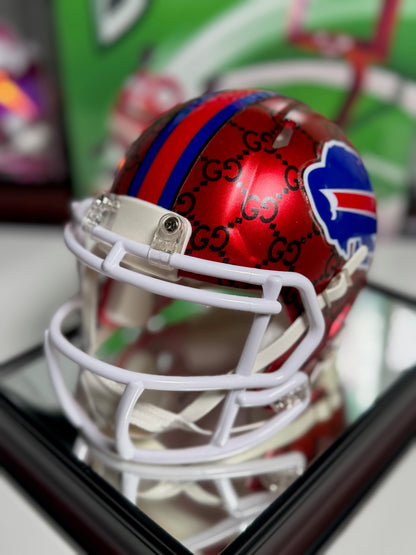 Detail of red helmet shell and black Gucci print matching Buffalo Bills colors