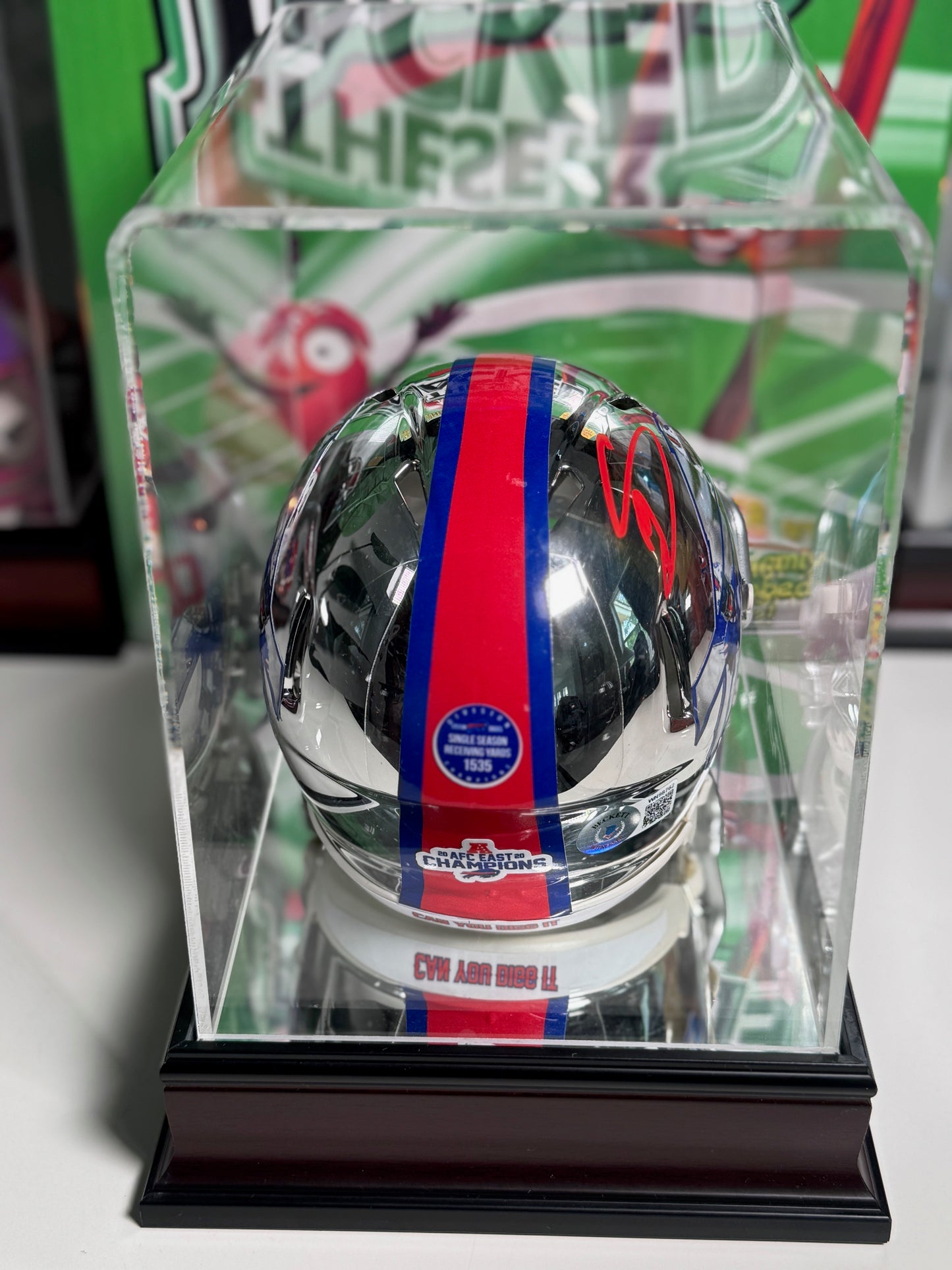Fanatics display case housing Stefon Diggs signed Buffalo Bills chrome mini helmet