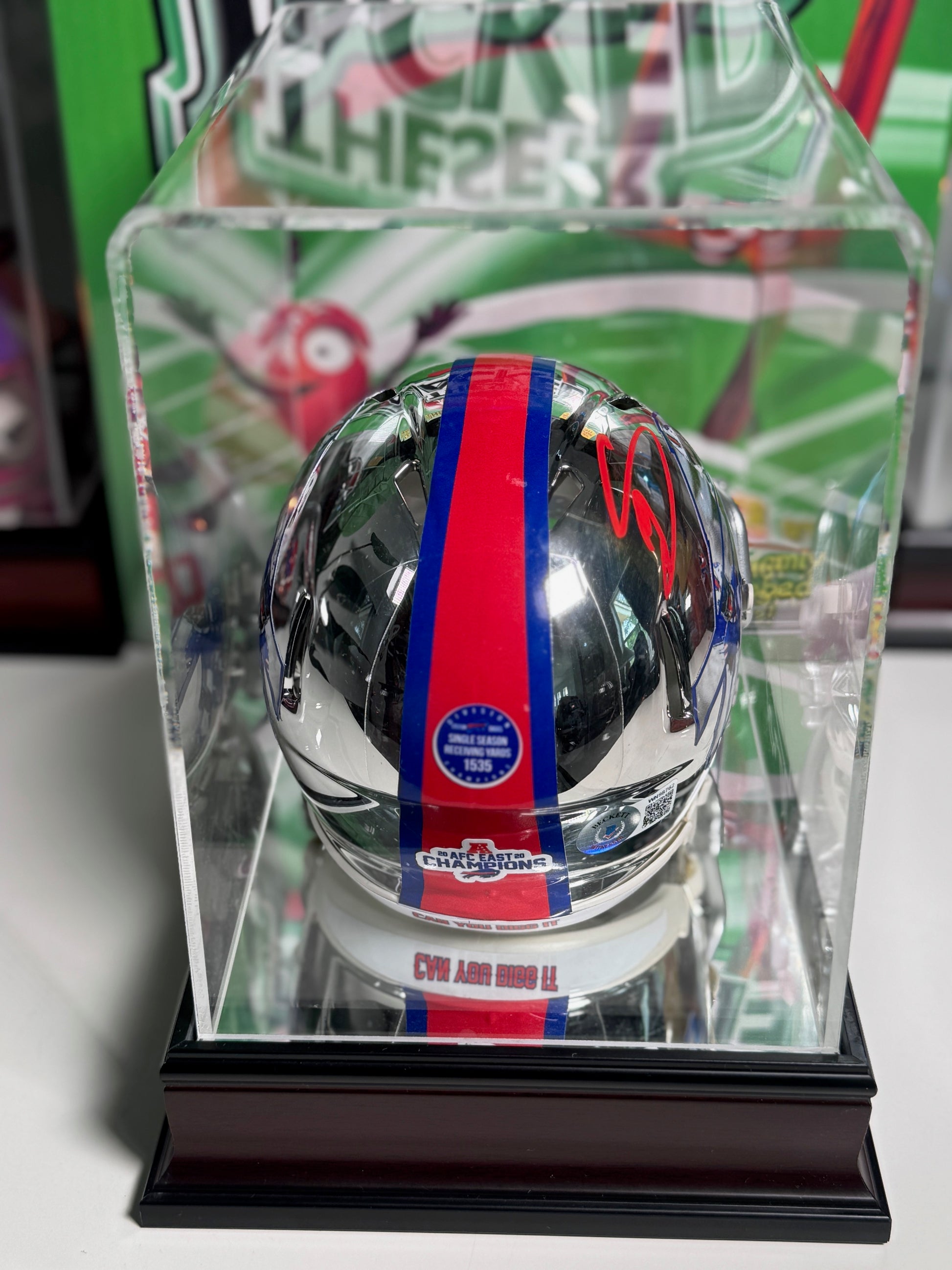 Fanatics display case housing Stefon Diggs signed Buffalo Bills chrome mini helmet