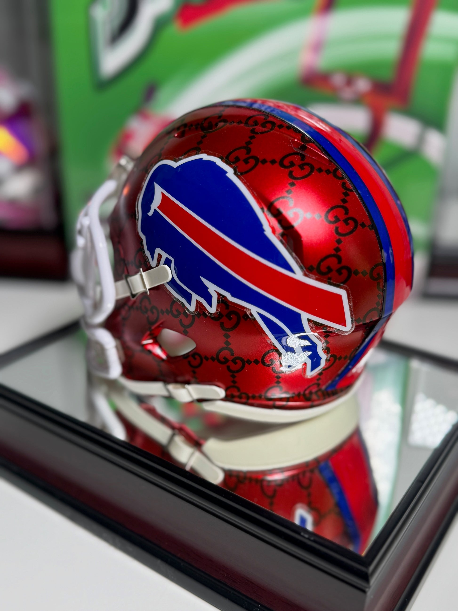 Jim Kelly autographed custom mini helmet in preowned Fanatics display case