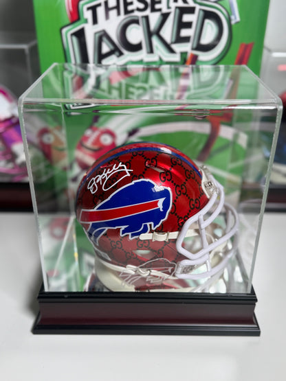 Jim Kelly signed Gucci custom red mini helmet with Beckett COA displayed in Fanatics case