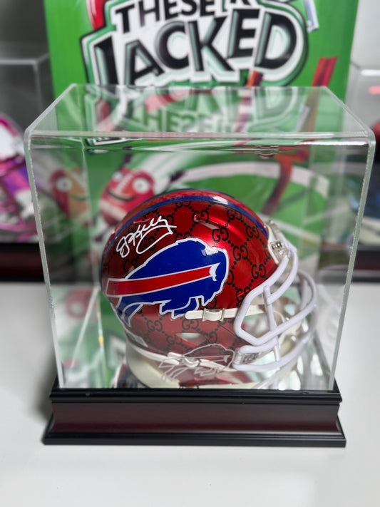 Jim Kelly signed Gucci custom red mini helmet with Beckett COA displayed in Fanatics case