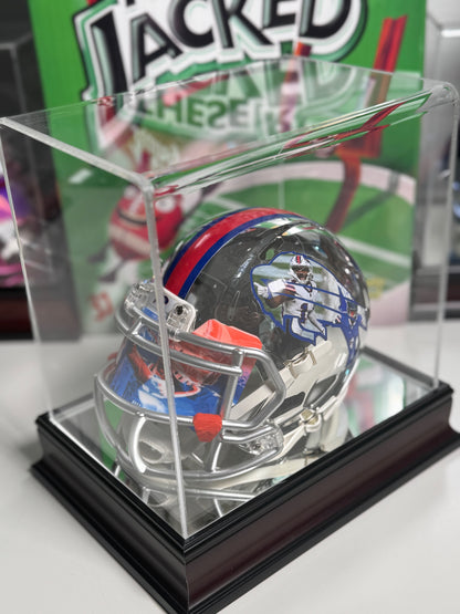 Side view of chrome mini helmet signed by Stefon Diggs with Fanatics display case