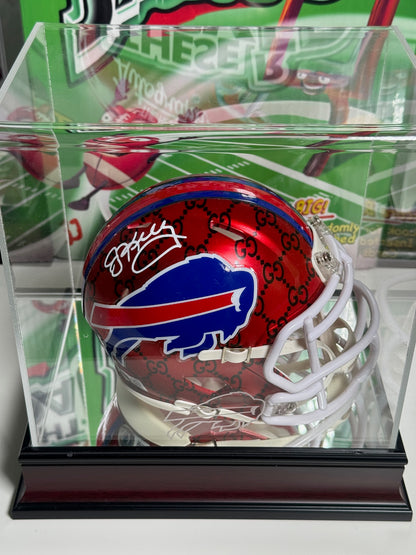 Unique Jim Kelly Gucci print mini helmet perfect for luxury sports memorabilia collections